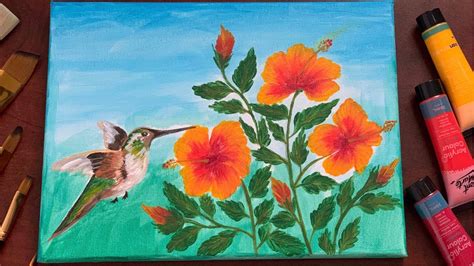 Humming Bird And Hibiscus Flowers Acrylic Painting For Beginners