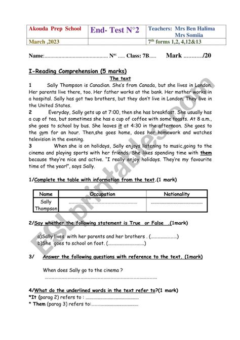 END OF TEST N2 7th Form ESL Worksheet By Zahroucha