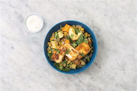 Tex Mex Haloumi Roast Veggie Rice With Bbq Mayo Recipe Hellofresh