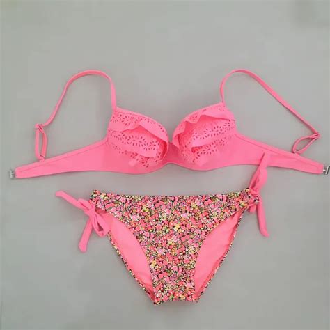 Sexy Women Pink Flounce Bikini Halter Bralette Swimwear Tiny Bathing