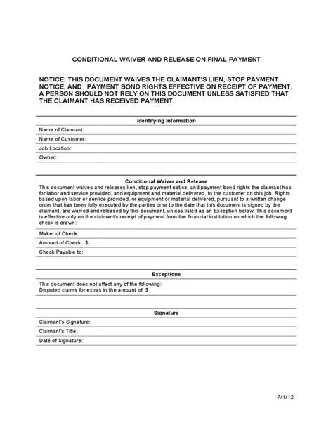 Conditional Final Lien Waiver Form