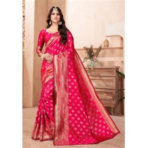 Casual Wear Rose Red Printed Jacquard Saree M With Blouse Piece