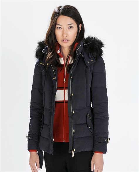 Zara Down Jacket With Hood And Belt In Blue Navy Blue Lyst