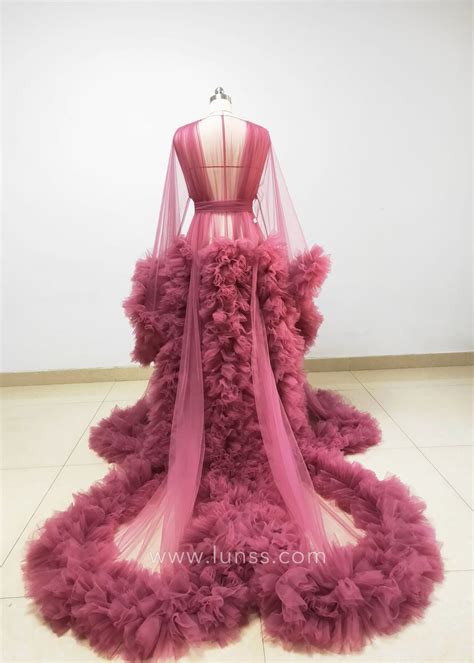 Amazing Wine Red Ruffled Tulle Maternity Robe Dress Lunss