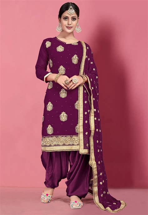 Buy Embroidered Georgette Punjabi Suit In Wine Online Kch Utsav