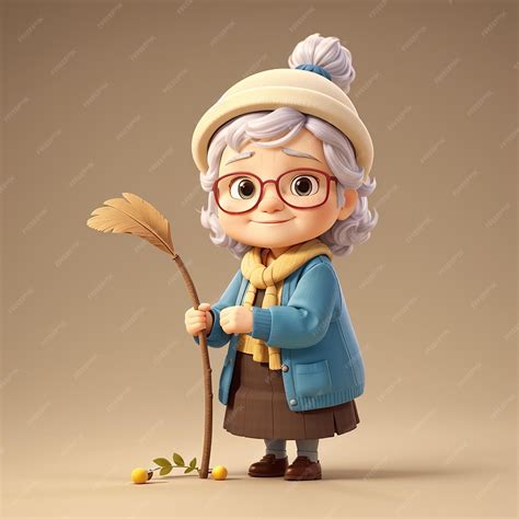 Premium Photo Cute Grandmother Cartoon Standing Bring Stick