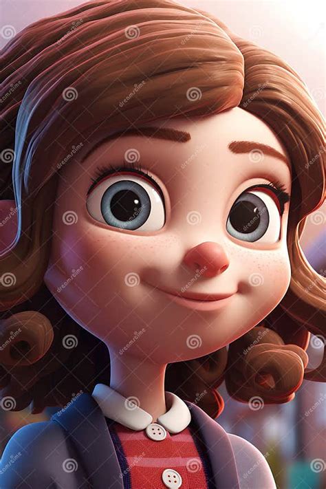 Cute Cartoon Girl With Brown Hair And Blue Eyes 3d Rendering Stock