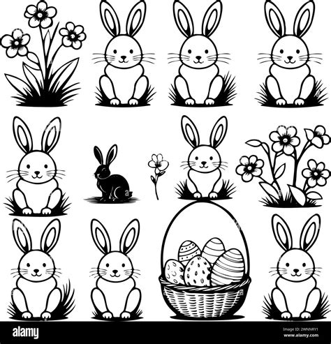 A Set Of Black And White Drawings Rabbits And Flowers Rabbits Are Sitting In Field With Flowers