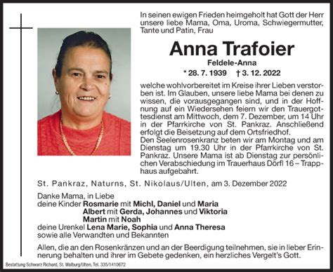 Traueranzeigen Von Anna Trafoier Trauer Bz