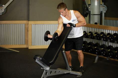 Standing One Arm Dumbbell Curl Over Incline Bench Exercise Guide And Video