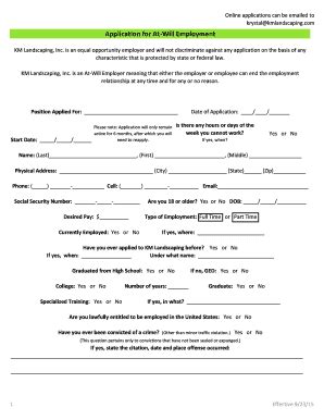 Fillable Online Application For At Will Employment KM Landscaping Fax