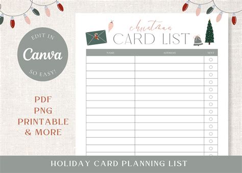 Christmas Card Mailing List Printable Template Holiday Planner Instant ...