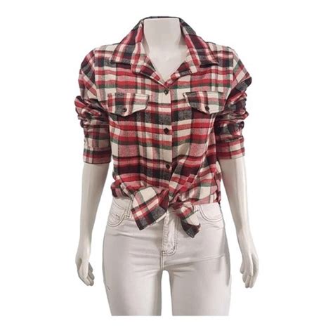 Camisa Feminina Flanelada Xadrez Manga Longa Bolsos No Shoptime