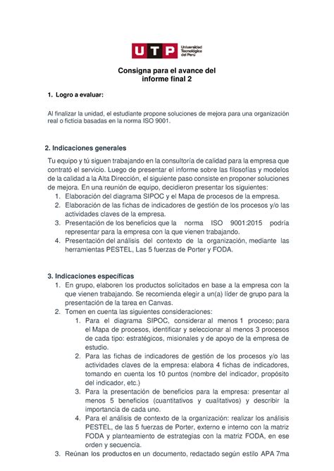 Semana 10 Indicaciones Avance Del Informe Final 2 Consigna Para El