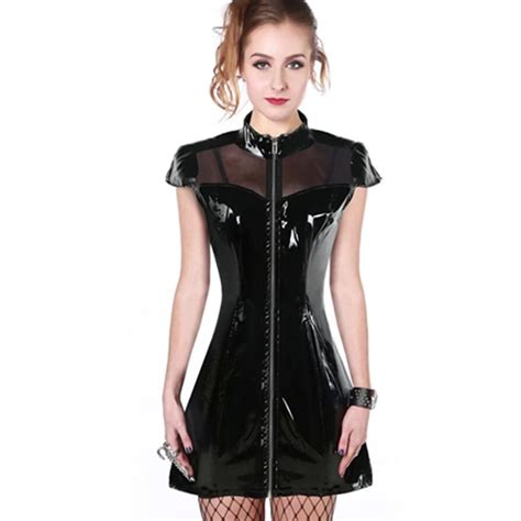 Women Sexy Zipper Pvc Leather Splice See Through Mesh Wet Look Mini