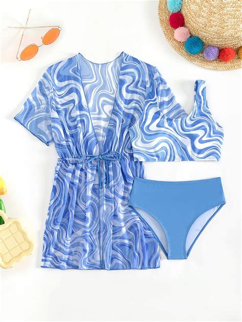 Tween Girl Fluid Pattern Bikini Swimsuit With Kimono Shein Usa