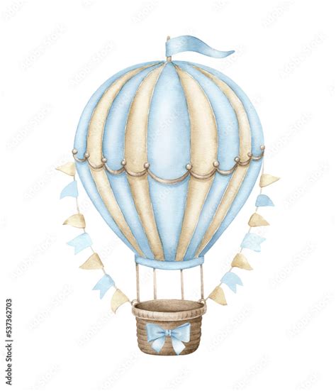 A Charming Clipart Image Of A Hot Air Balloon In Blue And Beige Colors With A Decorative Bow