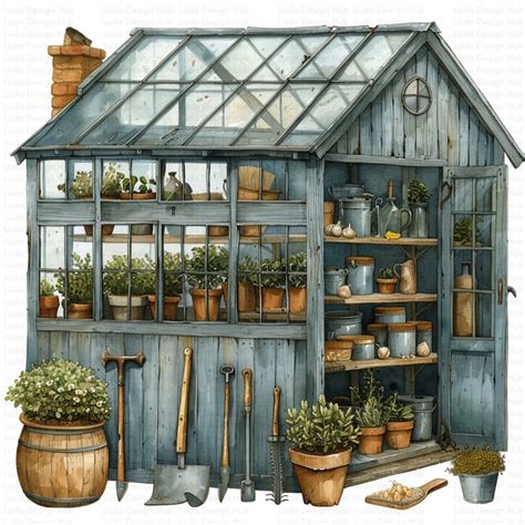 10 Garden Greenhouse Clipart Digital Files, Watercolor Plants and ...