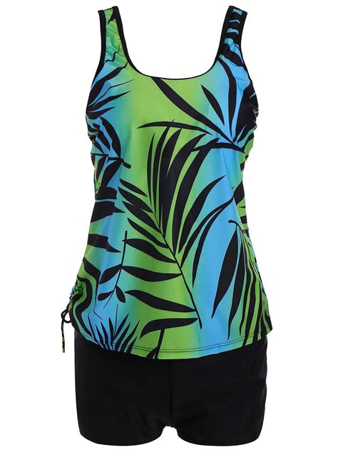 Tropical Leaf Print Padded Plus Size Tankini Set Green 2xl Womens