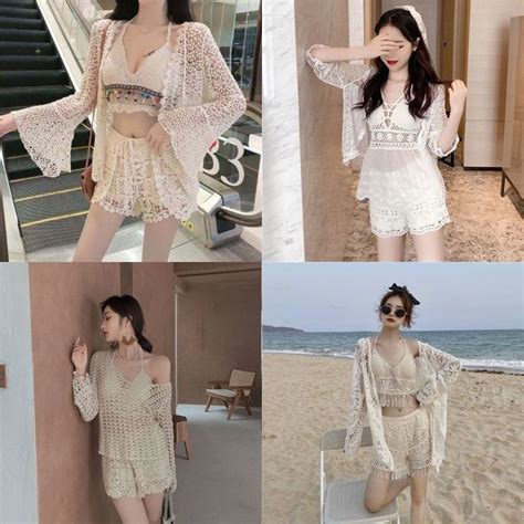 Tổng Hợp Các Mẫu Set Bikini Đi Biển Đồ Bơi Nữ Freesize Họa Tiết Len Móc Đan Lưới Ren Bra Đính