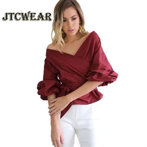 JTCWEAR Off Shoulder V Neck Woman Blouse Tops Waist Ties Bow Ruched