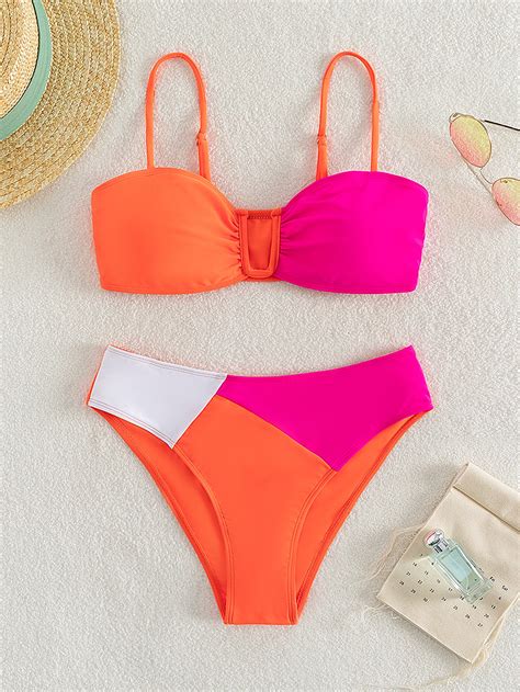 SHEIN Swim Vcay Color Block Bikini Set V Wired Bikini Set Ruched Bra