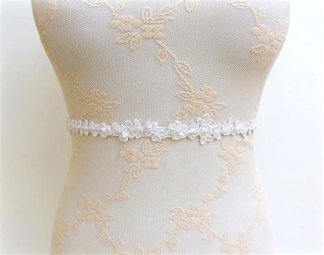 Ivory Bridal Thin Elastic Lace Waist Belt Beaded Floral Lace Wedding