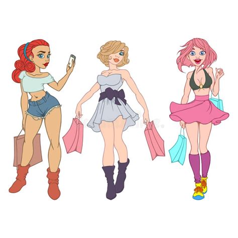 Compra Feliz Das Mulheres Dos Desenhos Animados Ilustra Es Vetores E