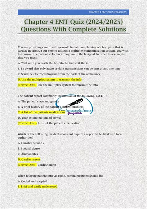 Chapter 4 EMT Quiz (2024/2025) Questions With Complete Solutions
