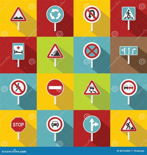 Different Road Signs Icons Set Flat Style Stock Vector Illustration