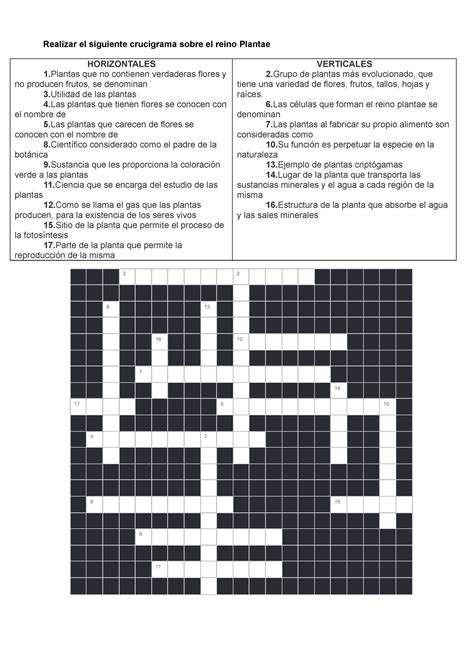 Reino Plantae H T Biología Realizar el siguiente crucigrama sobre