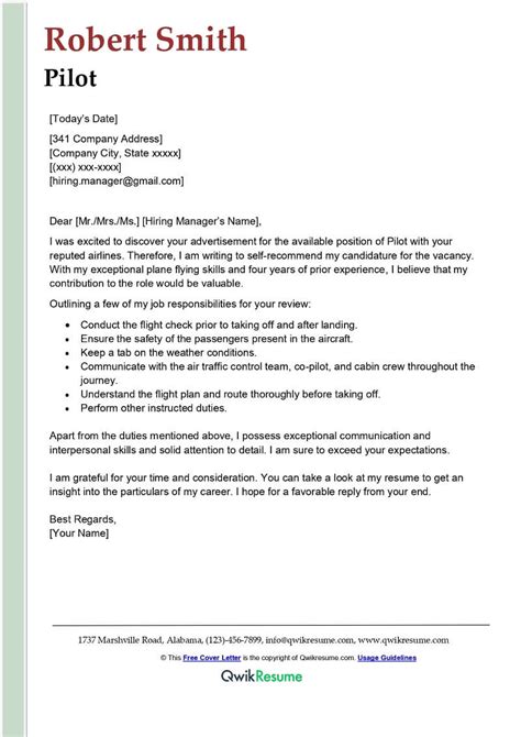 Pilot Cover Letter Examples QwikResume