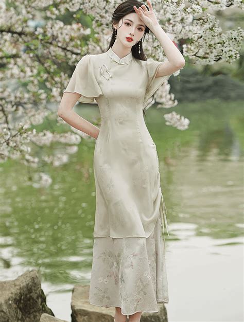 Ladies A Line Green Chinese Modern Cheongsam Costume Qipao Dress Florashe