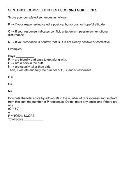 Sentence Completion Test Scoring Guidelines Sentence Completion Test