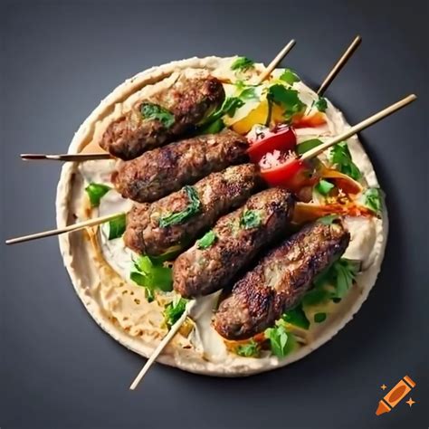 Lebanese Kofta Skewers In A Circular Pan With Hummus On Craiyon