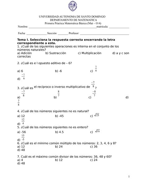 Primera Práctica Matematica Básica Mat 014 septiembre 2022