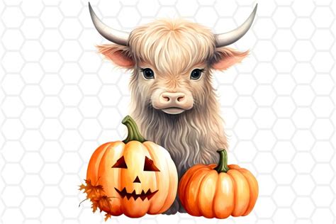 Watercolor Halloween Highland Cow Clipart Sublimation PNG