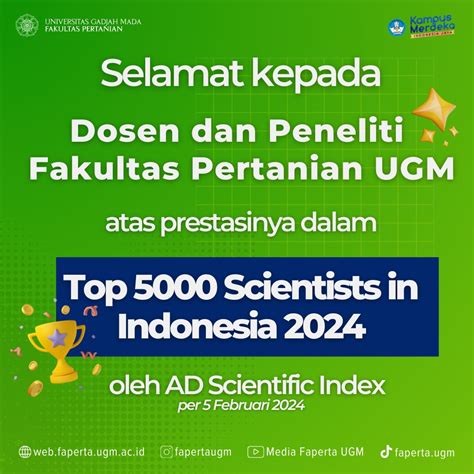 18 Dosen Dan Peneliti Fakultas Pertanian UGM Masuk Top 5000 Scientists