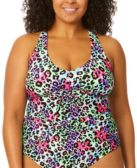 Salt Cove Trendy Plus Size Leopard Love Cinch Front X Back Tankini Top Created For Macys