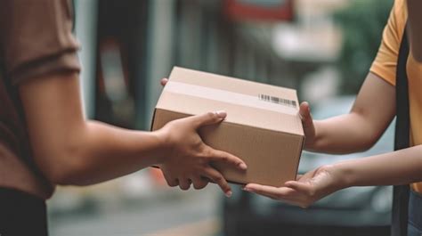 Mano De Mujer De Ia Generativa Aceptando Una Entrega De Cajas De Un