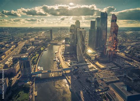 Aerial view of Moscow-City, modern skyscrapers at Moskva River Stock ...