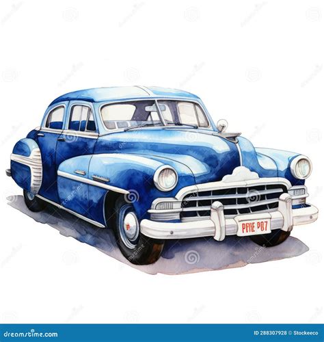 Antique Blue Car Watercolor Illustration With Headlights Stock