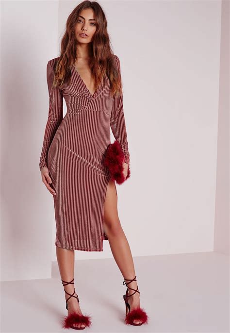 Missguided Striped Velvet Long Sleeve Wrap Midi Dress Rose Long