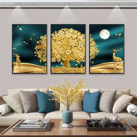 3 Pieces Golden Money Tree Deer Canvas Painting Modern Living Room Wall