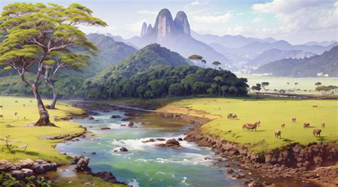 Pintura De Um Rio Que Atravessa Um Vale Verde Exuberante Montanhas