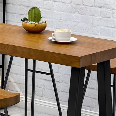 Industrial Brown Wooden Bar Table With Metal Trestle Base And Footrest