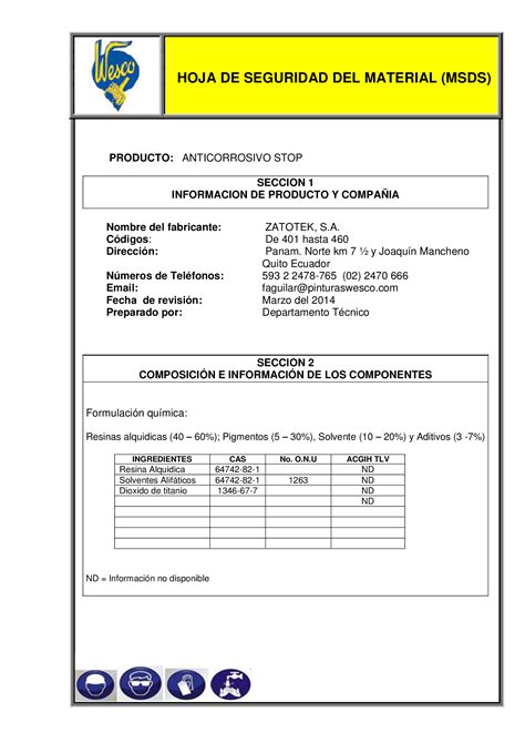 Pdf Hoja De Seguridad Del Material Msds Pinturas Pinturaswesco