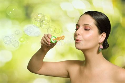 Beautiful Woman Blowing Bubbles Stock Image Image Of Bubble Game