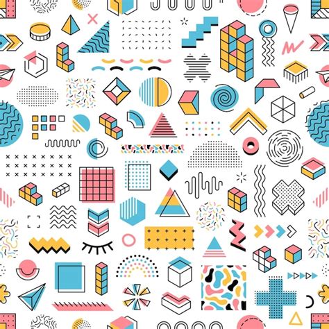 Premium Vector Memphis Geometric Outline Shapes Seamless Pattern