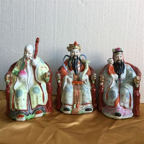 Fu Lu Shou Three Chinese Polychrome Painted Porcelain Statues Of The